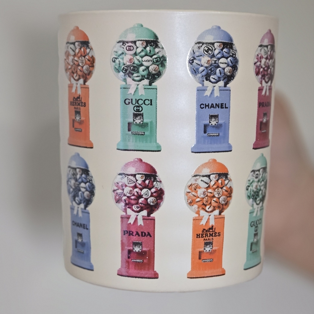 NWT white mug, gum ball machines designer names printed on, ceramic - Picture 2 of 4